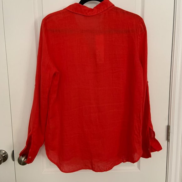 Zara 100% Linen V-Neck Button-up Pockets Long Convertible Sleeve Shirt Size M - Picture 4 of 11